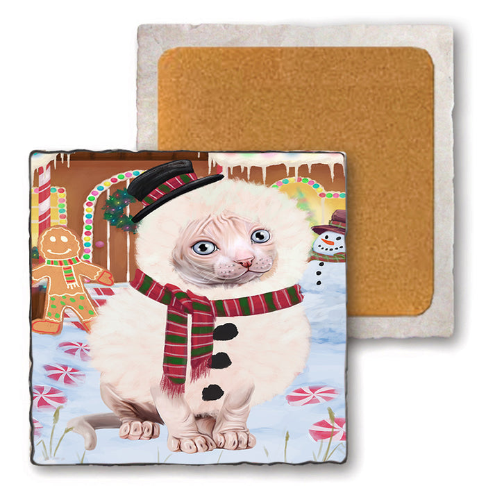 Christmas Gingerbread House Candyfest Sphynx Cat Set of 4 Natural Stone Marble Tile Coasters MCST51571