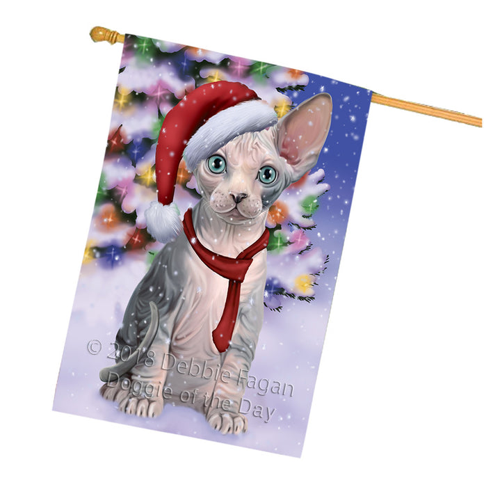 Winterland Wonderland Sphynx Cat In Christmas Holiday Scenic Background House Flag FLG53980