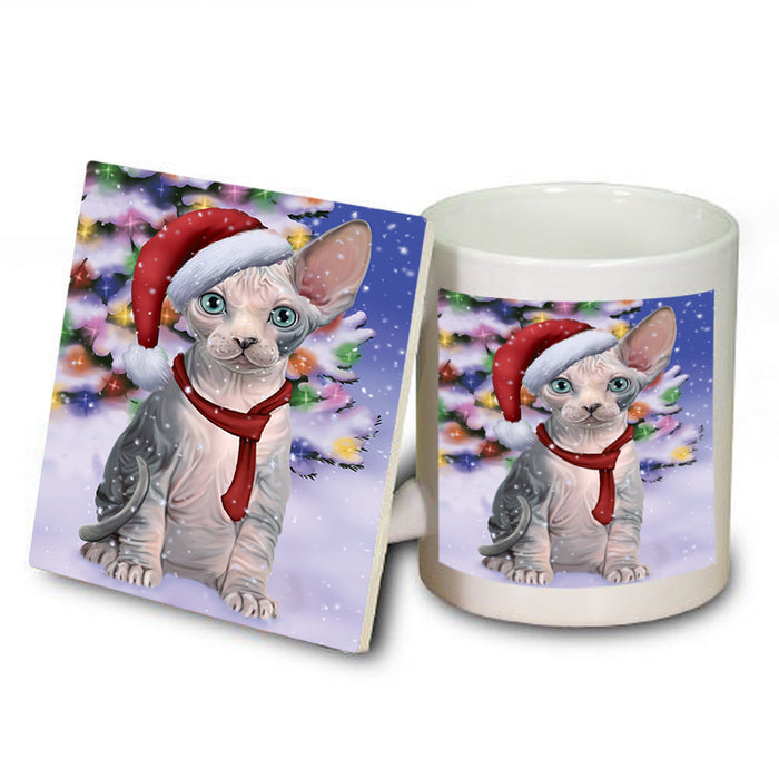 Winterland Wonderland Sphynx Cat In Christmas Holiday Scenic Background Mug and Coaster Set MUC53774