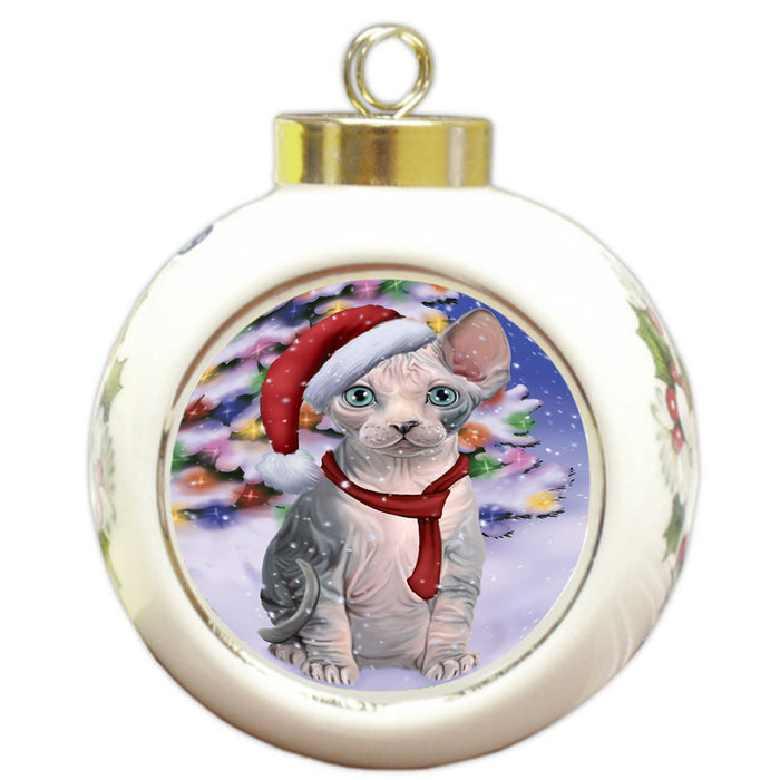 Winterland Wonderland Sphynx Cat In Christmas Holiday Scenic Background Round Ball Christmas Ornament RBPOR53782