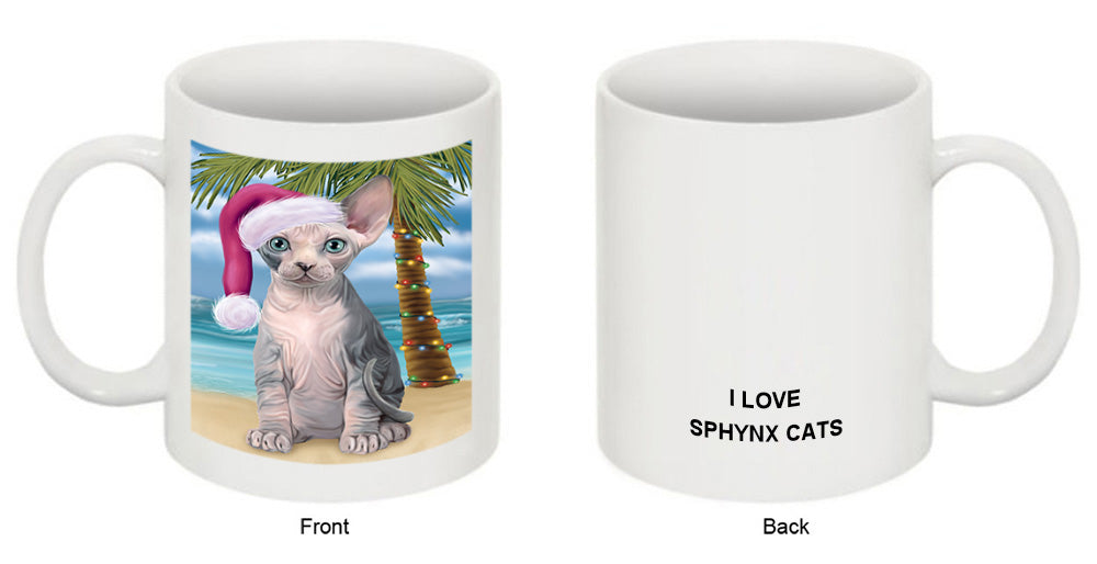 Summertime Happy Holidays Christmas Sphynx Cat on Tropical Island Beach Coffee Mug MUG49854