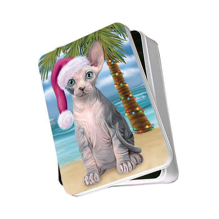 Summertime Happy Holidays Christmas Sphynx Cat on Tropical Island Beach Photo Storage Tin PITN54399