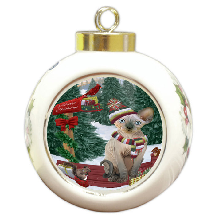 Merry Christmas Woodland Sled Sphynx Cat Round Ball Christmas Ornament RBPOR55407