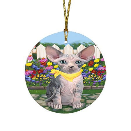 Spring Floral Sphynx Cat Round Flat Christmas Ornament RFPOR52269