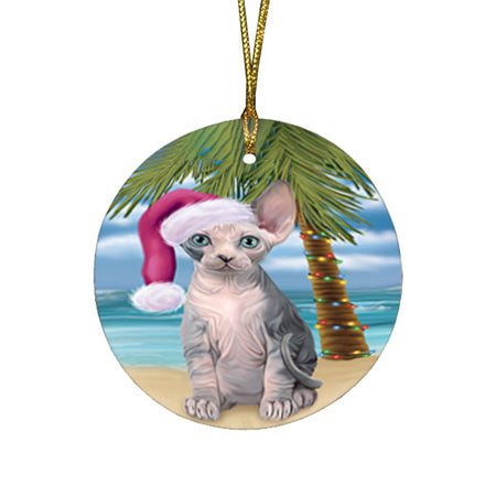Summertime Happy Holidays Christmas Sphynx Cat on Tropical Island Beach Round Flat Christmas Ornament RFPOR54575
