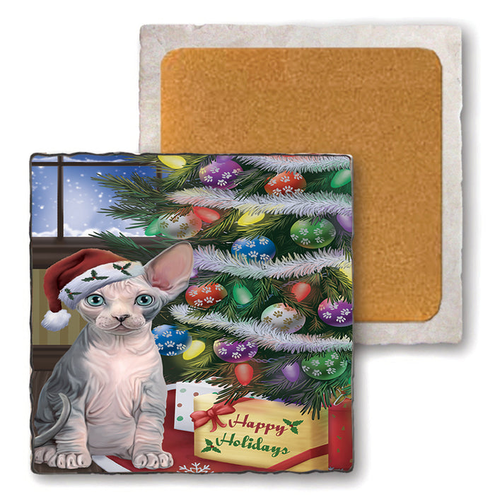 Christmas Happy Holidays Sphynx Cat with Tree and Presents Set of 4 Natural Stone Marble Tile Coasters MCST48475
