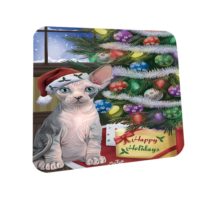 Christmas Happy Holidays Sphynx Cat with Tree and Presents Coasters Set of 4 CST53433