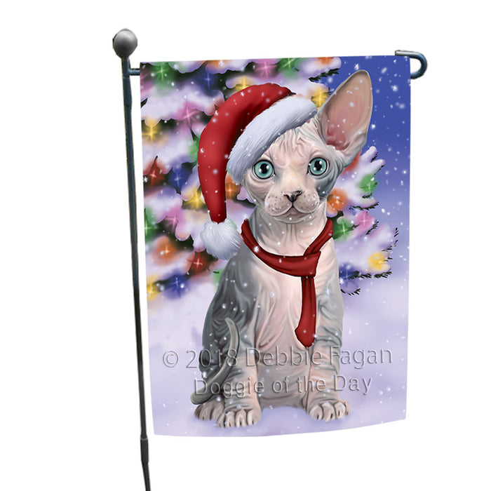 Winterland Wonderland Sphynx Cat In Christmas Holiday Scenic Background Garden Flag GFLG53844