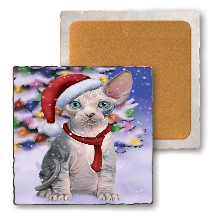 Winterland Wonderland Sphynx Cat In Christmas Holiday Scenic Background Set of 4 Natural Stone Marble Tile Coasters MCST48782