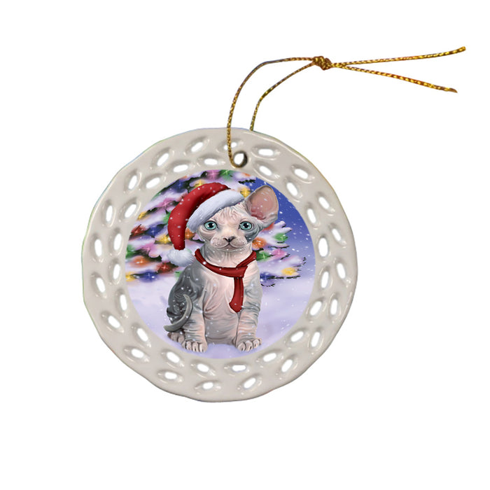 Winterland Wonderland Sphynx Cat In Christmas Holiday Scenic Background Ceramic Doily Ornament DPOR53782