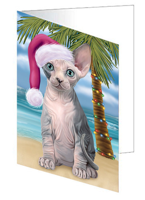 Summertime Happy Holidays Christmas Sphynx Cat on Tropical Island Beach Handmade Artwork Assorted Pets Greeting Cards and Note Cards with Envelopes for All Occasions and Holiday Seasons GCD67781