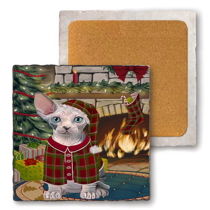 The Stocking was Hung Sphynx Cat Set of 4 Natural Stone Marble Tile Coasters MCST50633