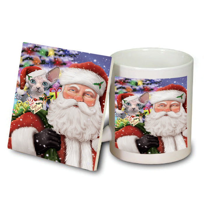 Santa Carrying Sphynx Cat and Christmas Presents Mug and Coaster Set MUC53698