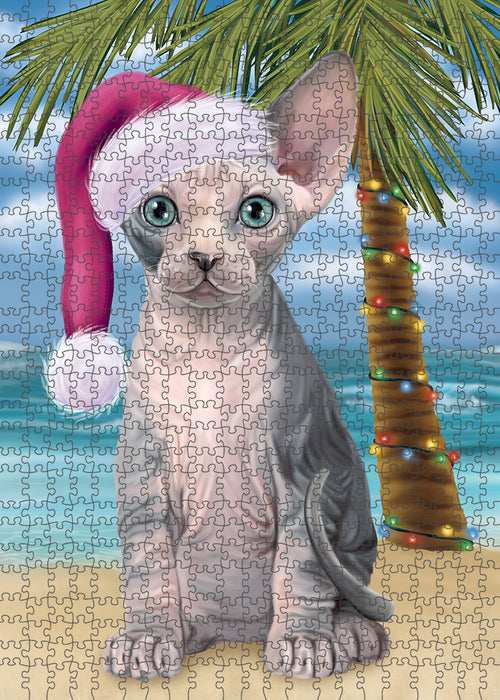 Summertime Happy Holidays Christmas Sphynx Cat on Tropical Island Beach Puzzle with Photo Tin PUZL85492