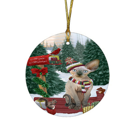 Merry Christmas Woodland Sled Sphynx Cat Round Flat Christmas Ornament RFPOR55407