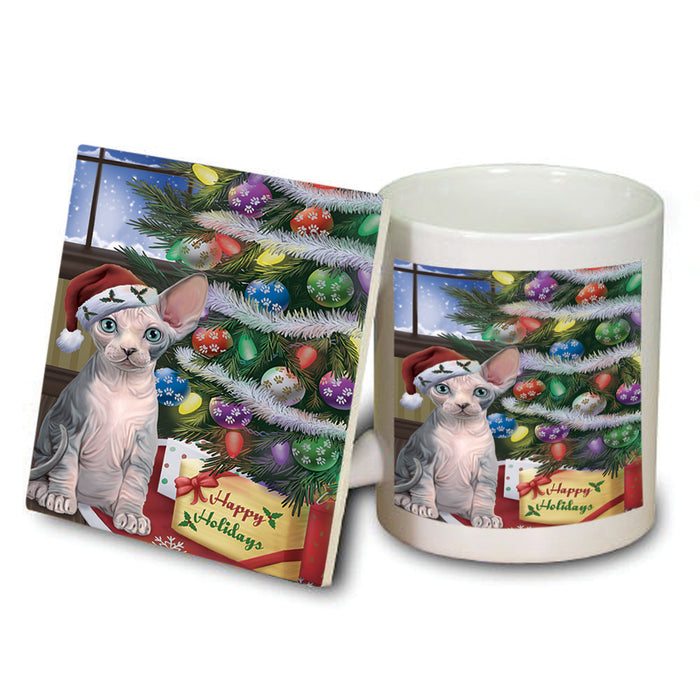 Christmas Happy Holidays Sphynx Cat with Tree and Presents Mug and Coaster Set MUC53467