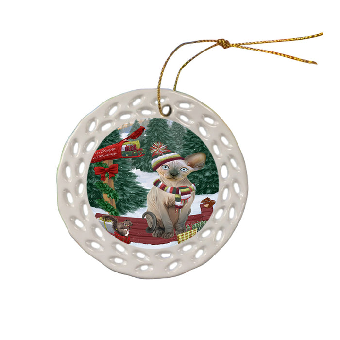 Merry Christmas Woodland Sled Sphynx Cat Ceramic Doily Ornament DPOR55407
