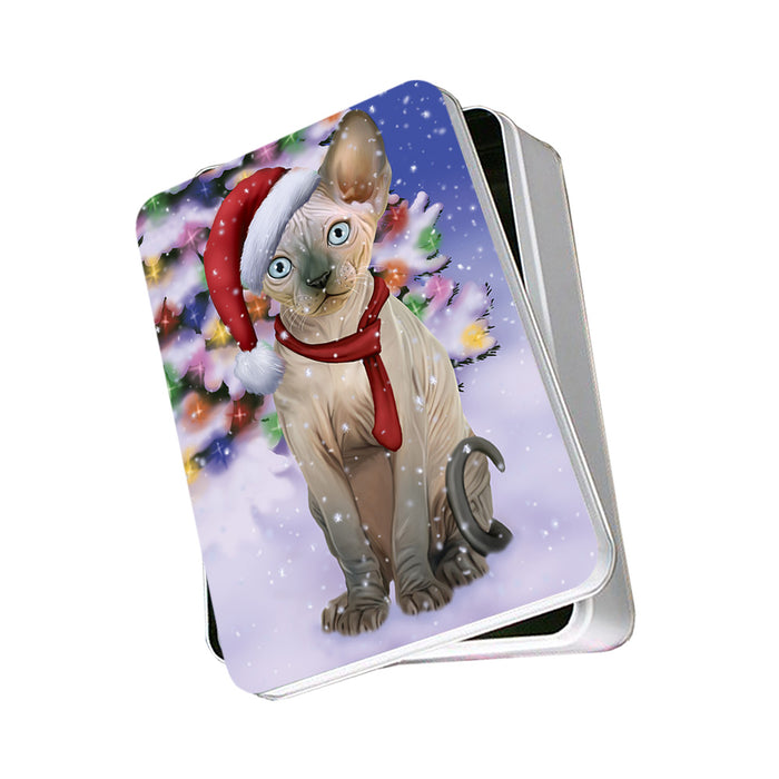 Winterland Wonderland Sphynx Cat In Christmas Holiday Scenic Background Photo Storage Tin PITN53726