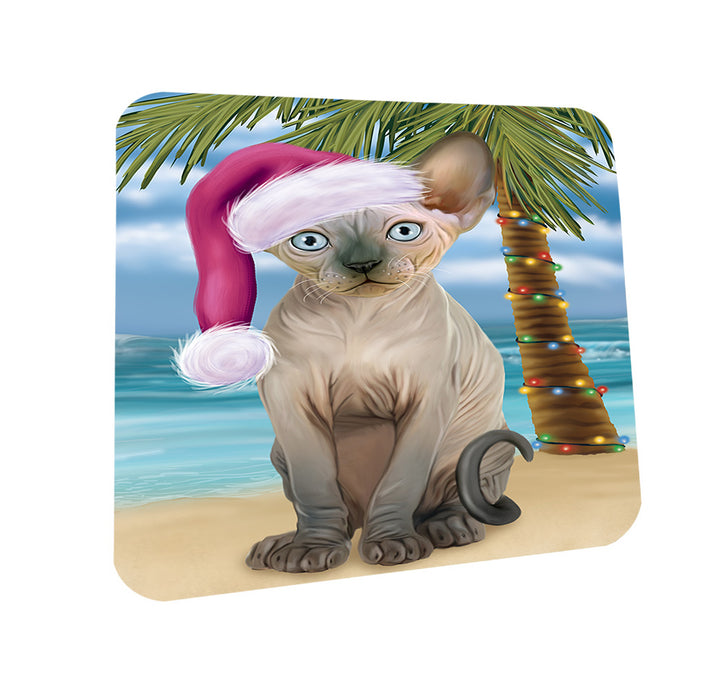 Summertime Happy Holidays Christmas Sphynx Cat on Tropical Island Beach Coasters Set of 4 CST54415