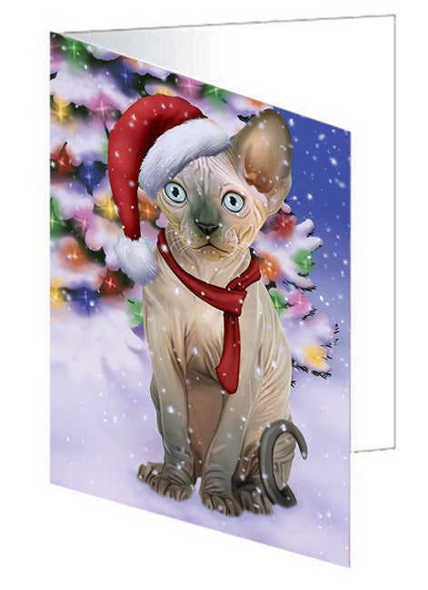 Winterland Wonderland Sphynx Cat In Christmas Holiday Scenic Background Handmade Artwork Assorted Pets Greeting Cards and Note Cards with Envelopes for All Occasions and Holiday Seasons GCD65378