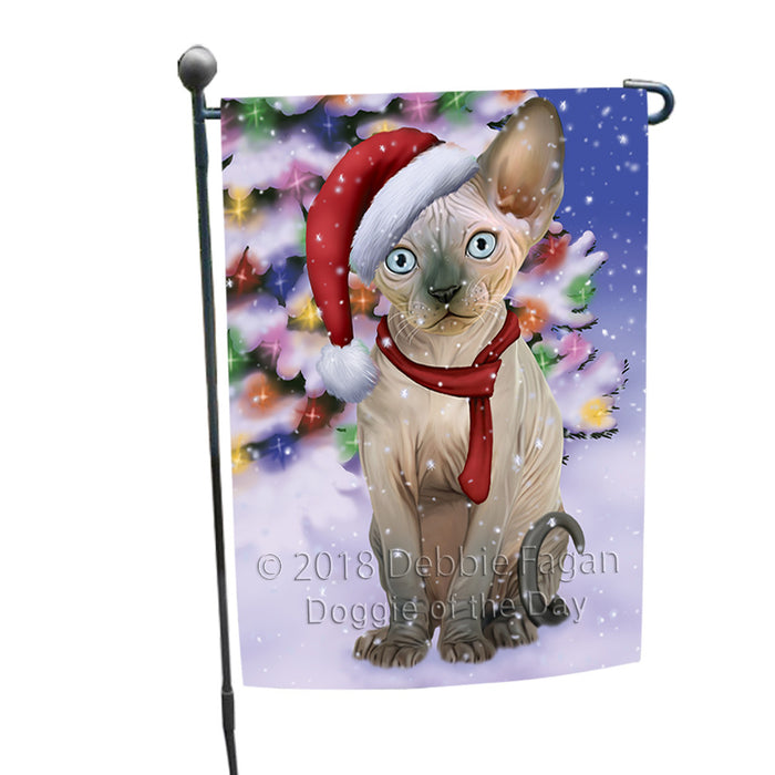 Winterland Wonderland Sphynx Cat In Christmas Holiday Scenic Background Garden Flag GFLG53845