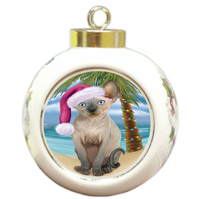 Summertime Happy Holidays Christmas Sphynx Cat on Tropical Island Beach Round Ball Christmas Ornament RBPOR54585