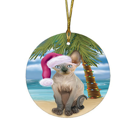 Summertime Happy Holidays Christmas Sphynx Cat on Tropical Island Beach Round Flat Christmas Ornament RFPOR54576