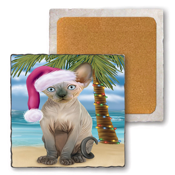 Summertime Happy Holidays Christmas Sphynx Cat on Tropical Island Beach Set of 4 Natural Stone Marble Tile Coasters MCST49457