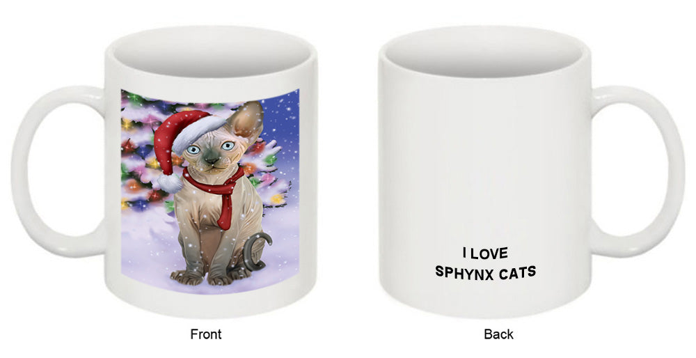 Winterland Wonderland Sphynx Cat In Christmas Holiday Scenic Background Coffee Mug MUG49181