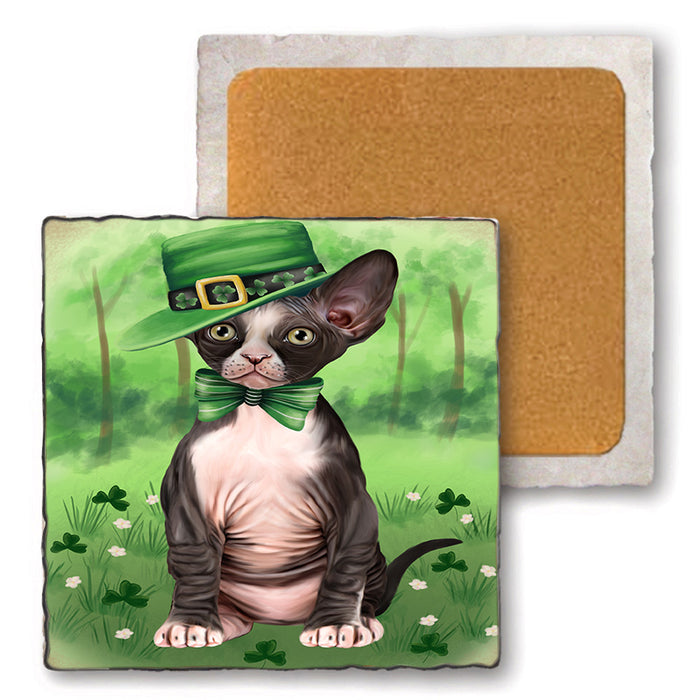St. Patricks Day Irish Portrait Sphynx Cat Set of 4 Natural Stone Marble Tile Coasters MCST52050