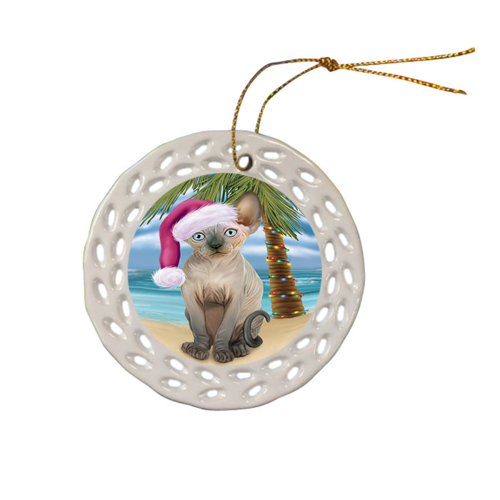 Summertime Happy Holidays Christmas Sphynx Cat on Tropical Island Beach Ceramic Doily Ornament DPOR54585