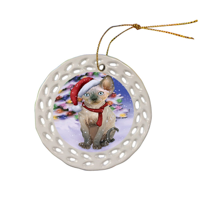 Winterland Wonderland Sphynx Cat In Christmas Holiday Scenic Background Ceramic Doily Ornament DPOR53783
