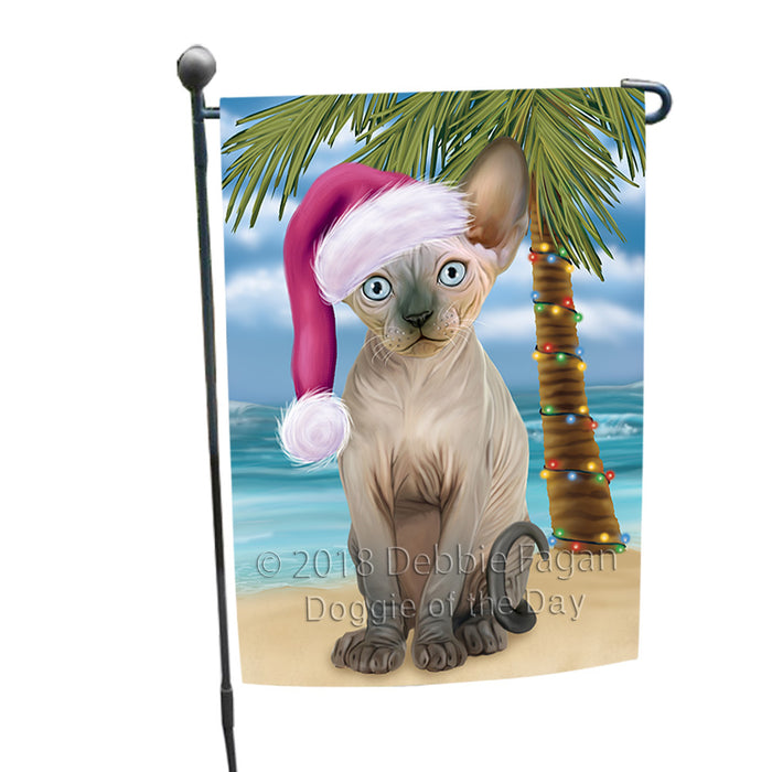 Summertime Happy Holidays Christmas Sphynx Cat on Tropical Island Beach Garden Flag GFLG54647