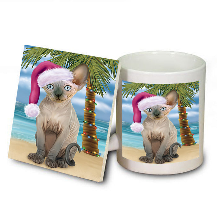 Summertime Happy Holidays Christmas Sphynx Cat on Tropical Island Beach Mug and Coaster Set MUC54449