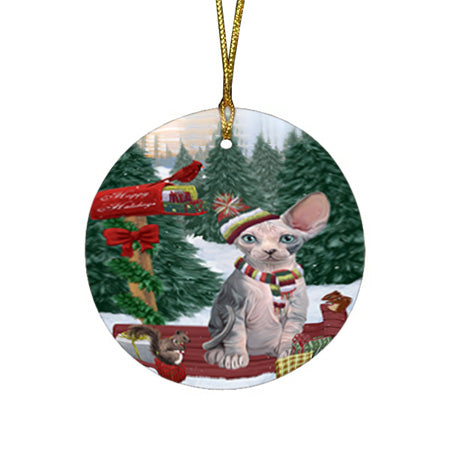 Merry Christmas Woodland Sled Sphynx Cat Round Flat Christmas Ornament RFPOR55408