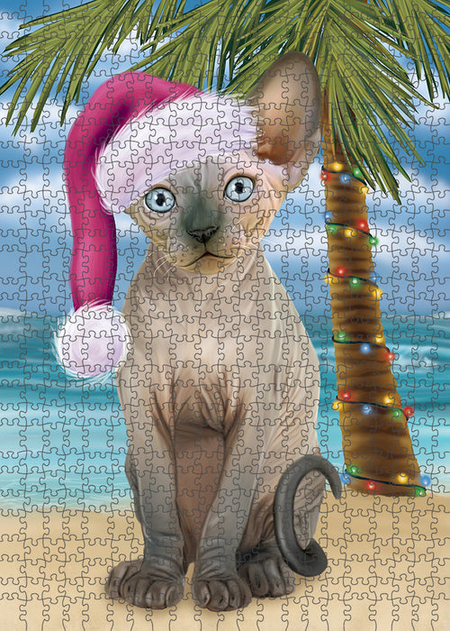 Summertime Happy Holidays Christmas Sphynx Cat on Tropical Island Beach Puzzle with Photo Tin PUZL85496