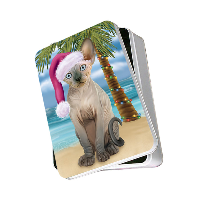 Summertime Happy Holidays Christmas Sphynx Cat on Tropical Island Beach Photo Storage Tin PITN54400