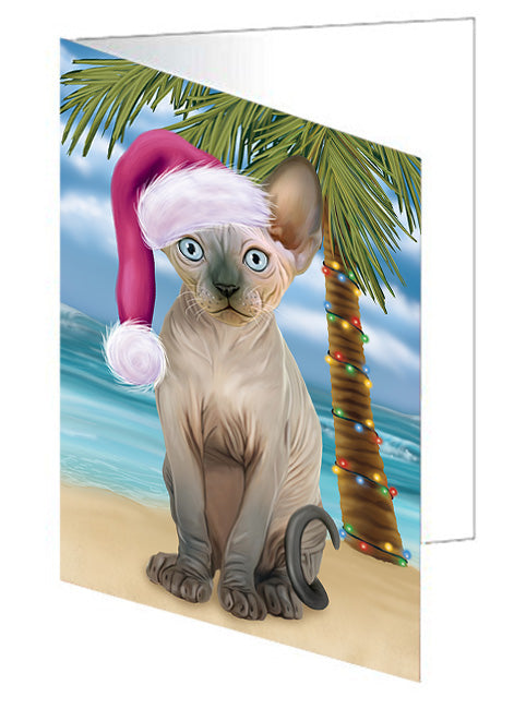 Summertime Happy Holidays Christmas Sphynx Cat on Tropical Island Beach Handmade Artwork Assorted Pets Greeting Cards and Note Cards with Envelopes for All Occasions and Holiday Seasons GCD67784