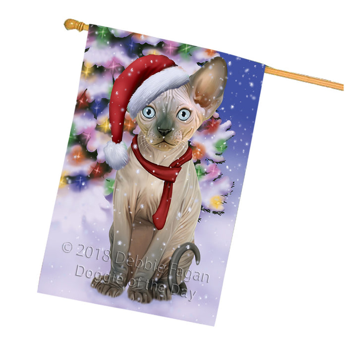 Winterland Wonderland Sphynx Cat In Christmas Holiday Scenic Background House Flag FLG53981