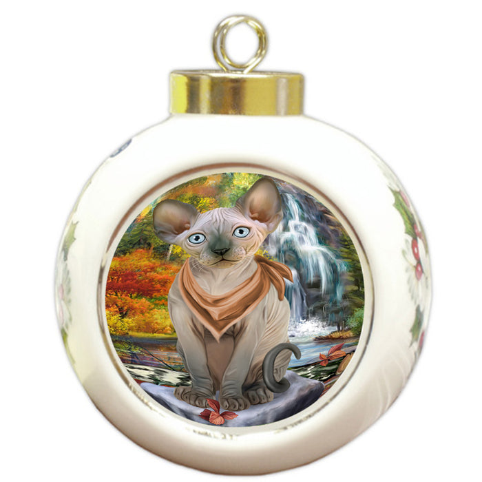 Scenic Waterfall Sphynx Cat Round Ball Christmas Ornament RBPOR51966