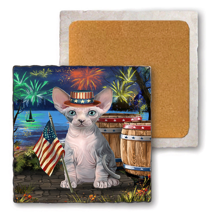 4th of July Independence Day Firework Sphynx Cat Set of 4 Natural Stone Marble Tile Coasters MCST49085