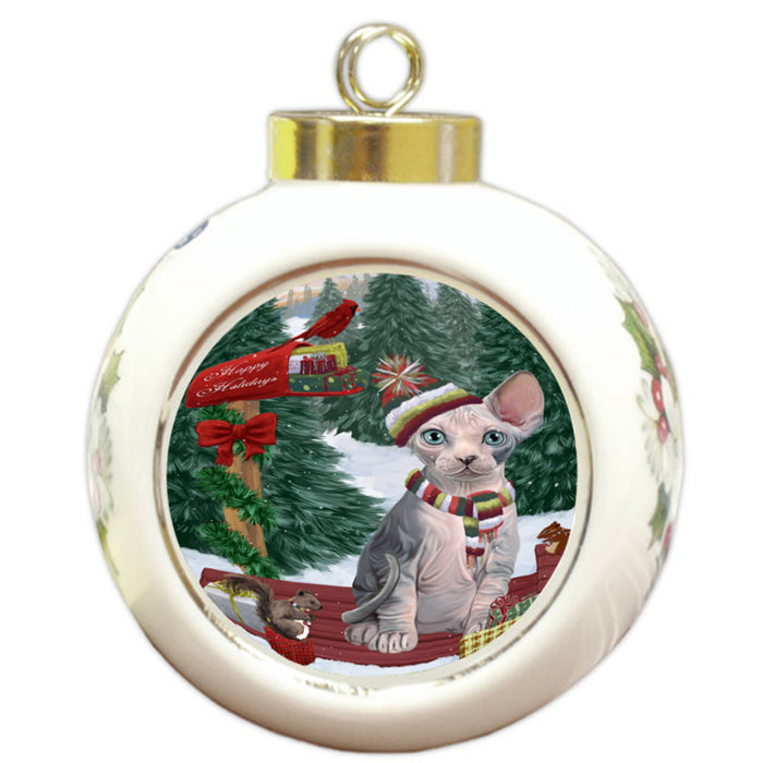 Merry Christmas Woodland Sled Sphynx Cat Round Ball Christmas Ornament RBPOR55408