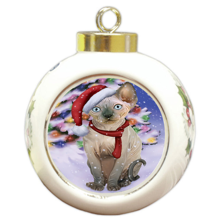 Winterland Wonderland Sphynx Cat In Christmas Holiday Scenic Background Round Ball Christmas Ornament RBPOR53783