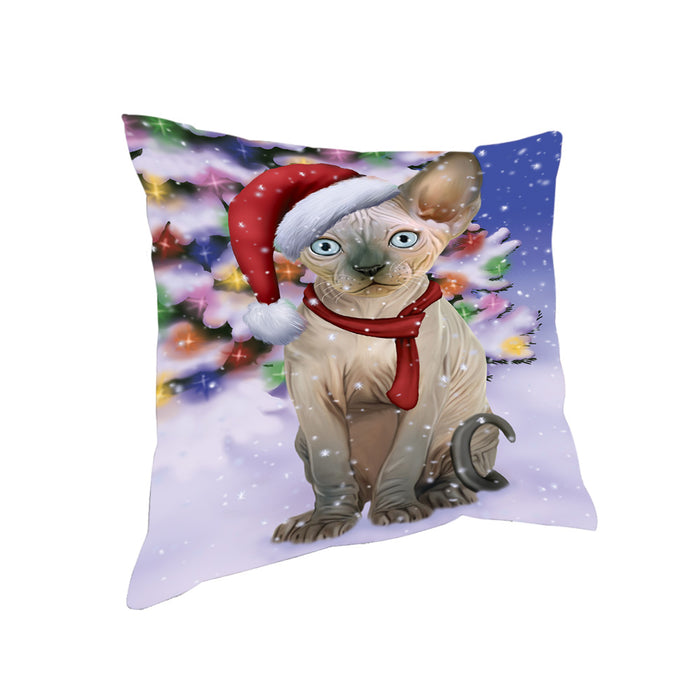 Winterland Wonderland Sphynx Cat In Christmas Holiday Scenic Background Pillow PIL71756