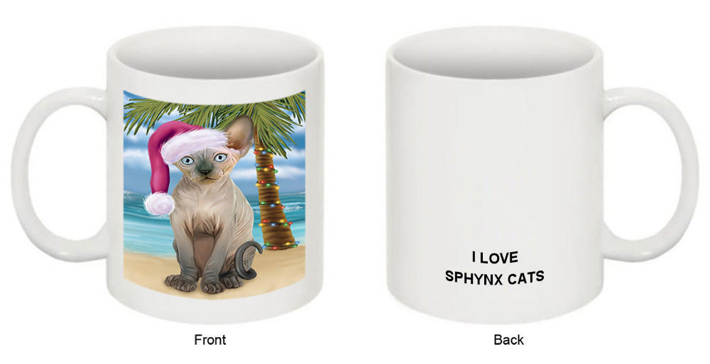 Summertime Happy Holidays Christmas Sphynx Cat on Tropical Island Beach Coffee Mug MUG49855