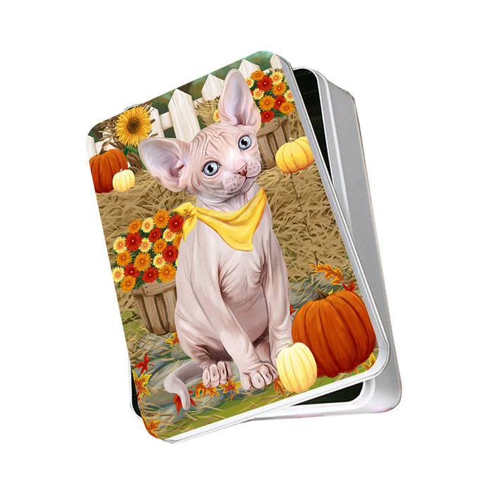 Fall Autumn Greeting Sphynx Cat with Pumpkins Photo Storage Tin PITN52350
