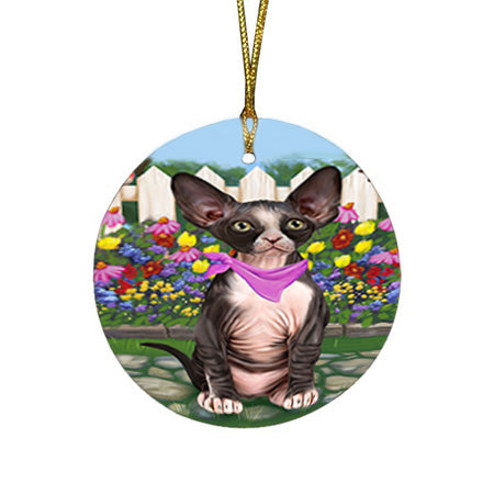 Spring Floral Sphynx Cat Round Flat Christmas Ornament RFPOR52270