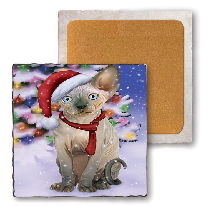 Winterland Wonderland Sphynx Cat In Christmas Holiday Scenic Background Set of 4 Natural Stone Marble Tile Coasters MCST48783