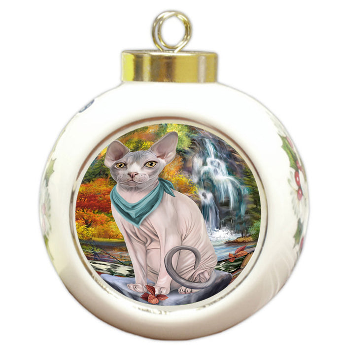Scenic Waterfall Sphynx Cat Round Ball Christmas Ornament RBPOR51967