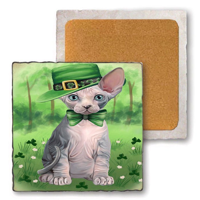 St. Patricks Day Irish Portrait Sphynx Cat Set of 4 Natural Stone Marble Tile Coasters MCST52051